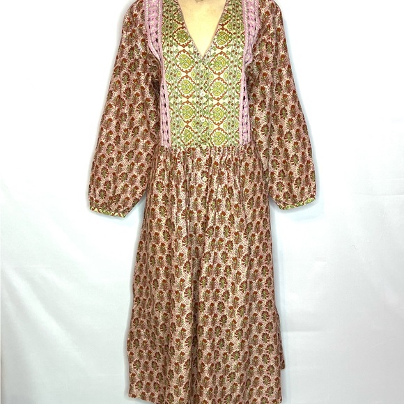 ZARA THE ROSIE DRESS PINK MULTI FLORAL PEASANT DRESS W/EMBROIDERED INSERTS MED - Picture 4 of 6